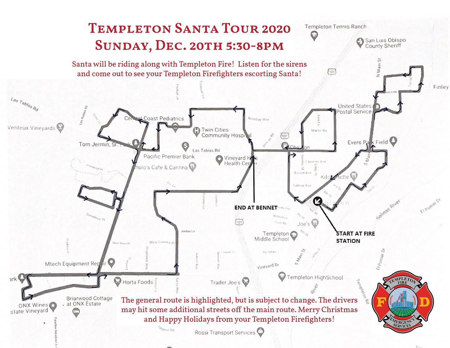 Santa Riding With Templeton Fire Department Sunday