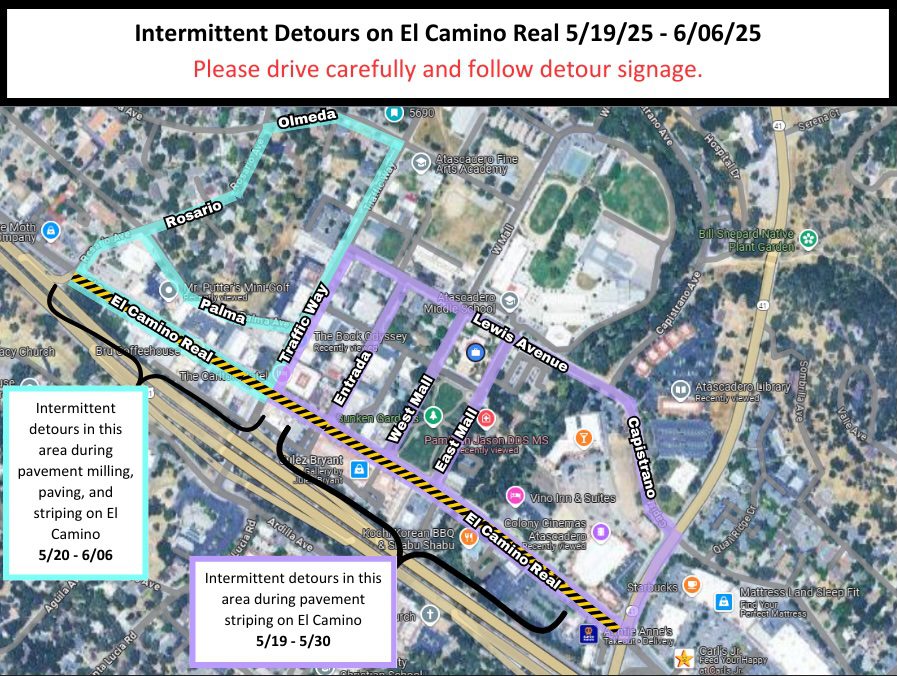 Temporary detours on El Camino, between Hwy 41 and Rosario Avenue