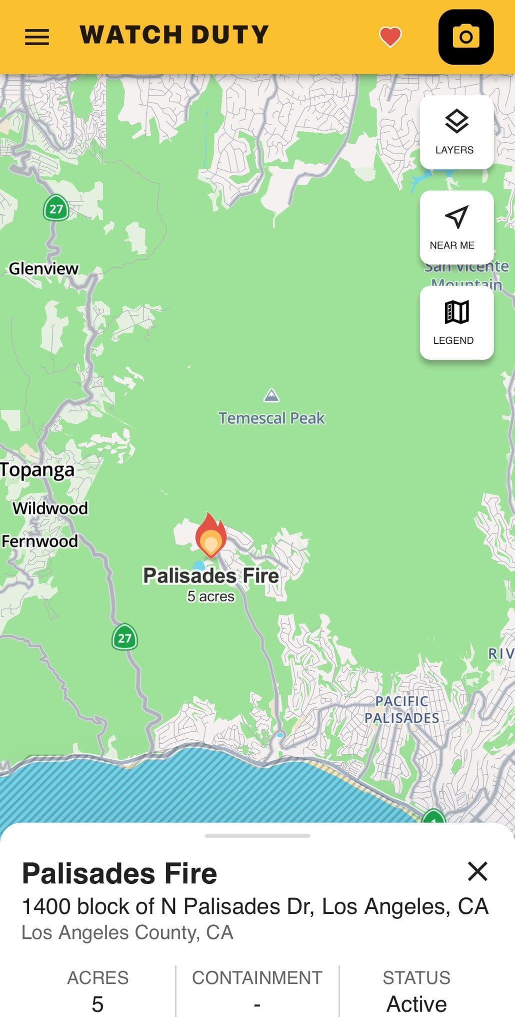 LAFD responding to a 5 acre brushfire in the Pacific Palisades, no current threat to Topanga or Malibu