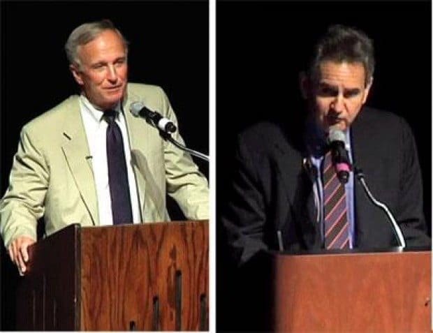 Two Pepperdine University professors did their best impressions of Barack Obama and Mitt Romney in a mock presidential debate Wednesday last week.
