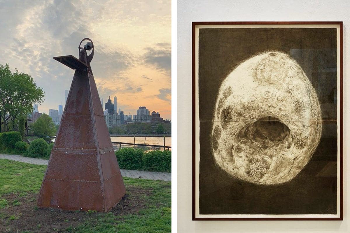 Left to right: Beatriz Cortez, Tzolk’in, 2018. Kang Seung Lee, Untitled (Pebble from Prospect Cottage), graphite on paper, 160 x 120 cm each, 2018.