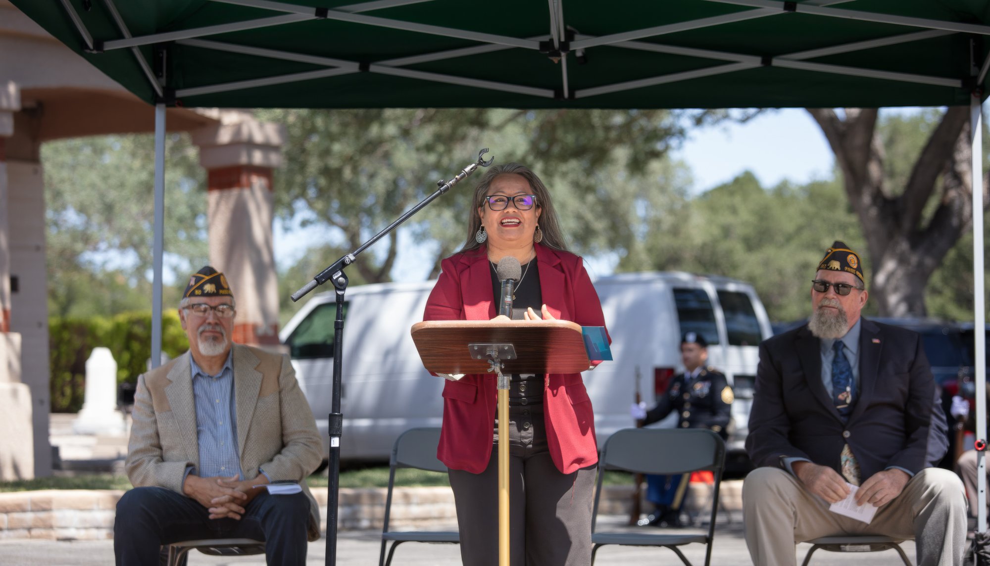 Command Sgt. Maj. Irma Rodriguez Ortiz of the California Army National Guard addresses the crowd as the featured speaker during the Memorial Day ceremony at Paso Robles District Cemetery. Photo by Derek Luff/PRP