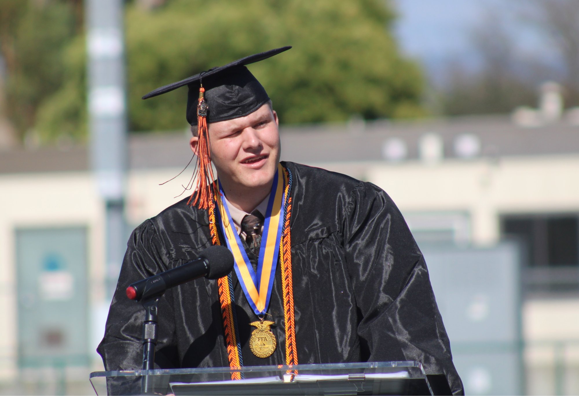 Santa Ynez High graduating senior Lewie Mathis, one of three student speakers for the 2026 graduation ceremony, explains why he likens the Class of 2026 to the soldiers who conducted "The Charge of the Light Brigade." Photo by Mike Chaldu/SYVS