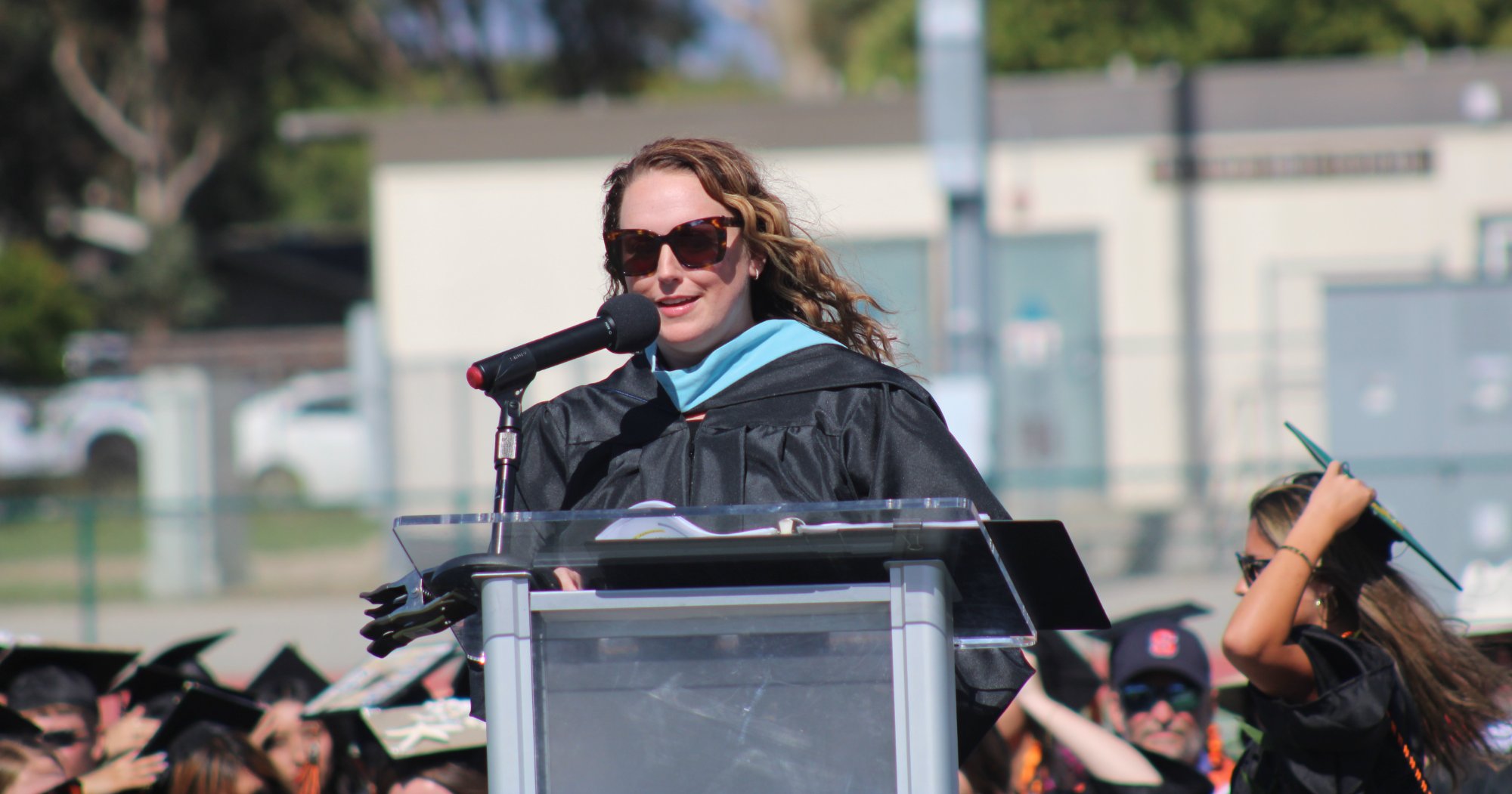 Santa Ynez High Principal Tori Martinez speaks at the start of the school’s 2026 graduation ceremony on Friday, May 29. Photo by Mike Chaldu/SYVS