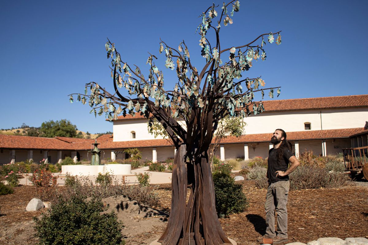 12-foot iron oak tree sculpture installed at Mission San Antonio