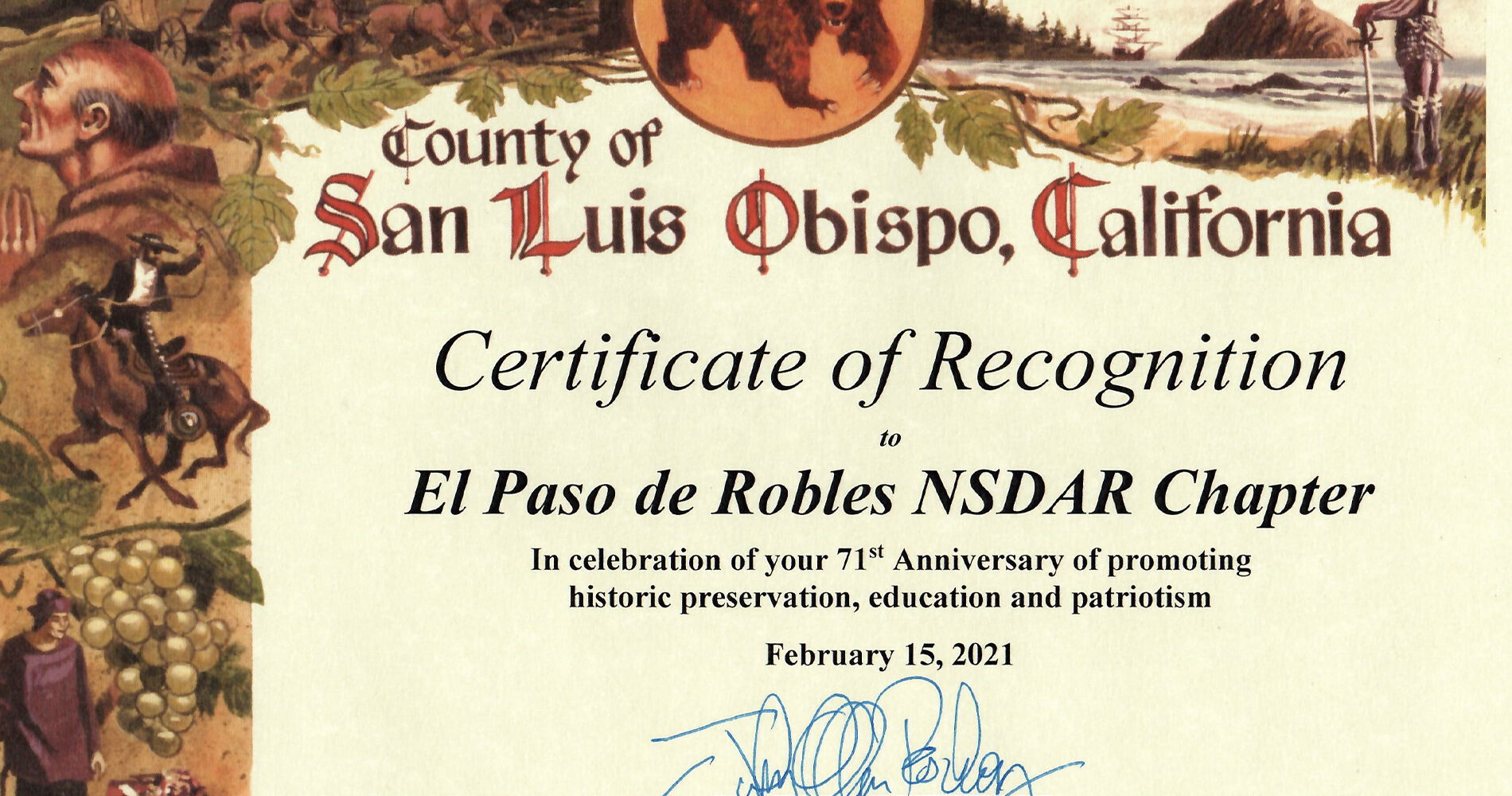 El Paso de Robles Chapter NSDAR Receives a Certificate of Recognition from Supervisor Peschong