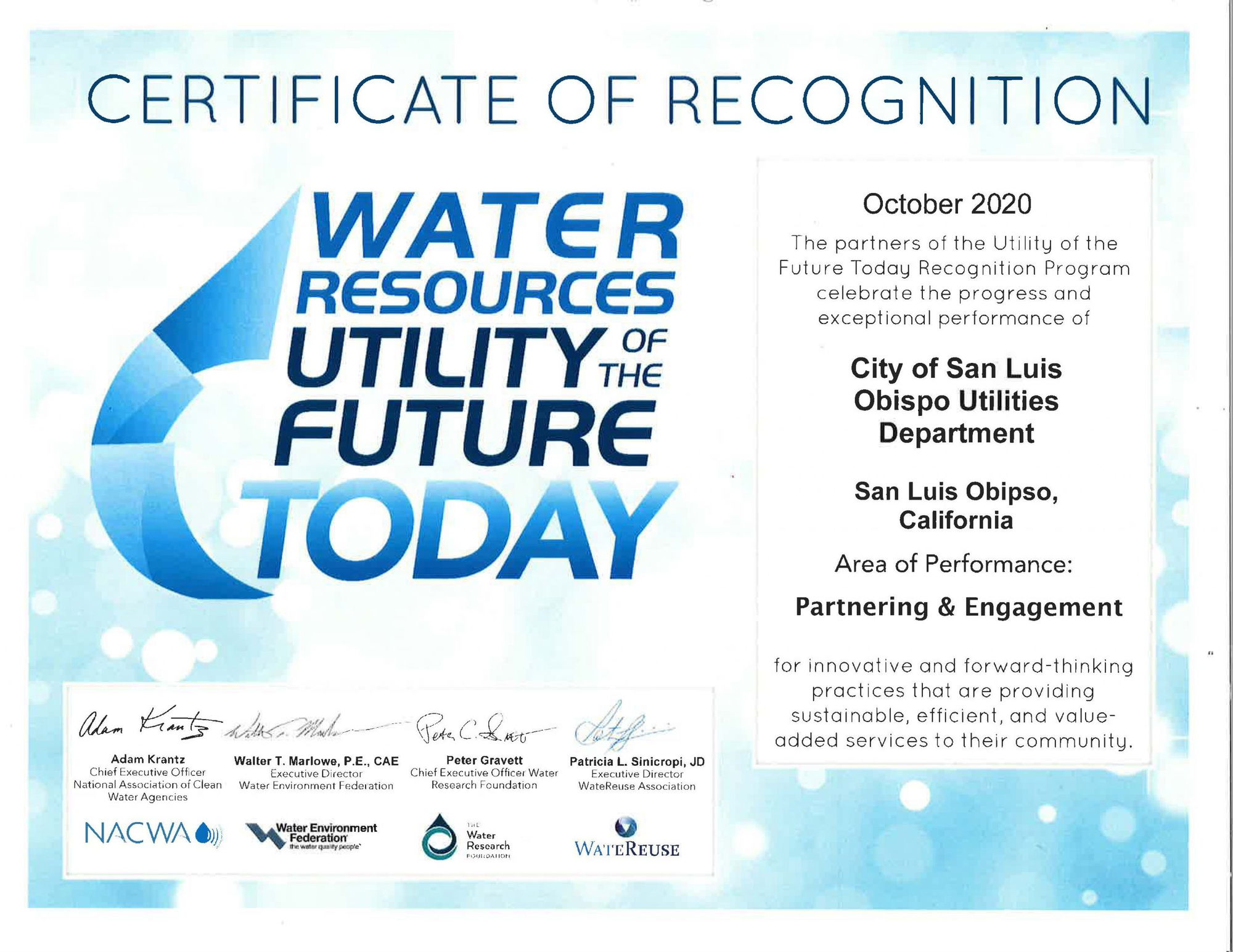 City of San Luis Obispo’s Utilities Department Recognized as ‘Utility of the Future Today’
