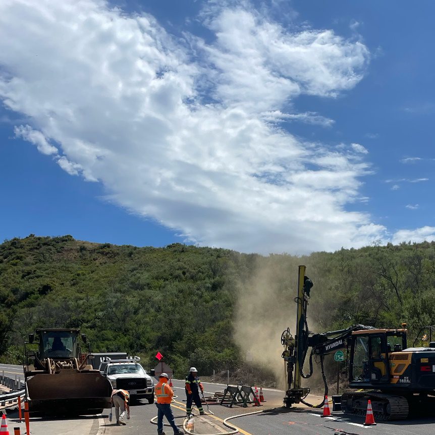 Drilling operation now underway following roadway cracking on Highway 154 near San Antonio Creek Road